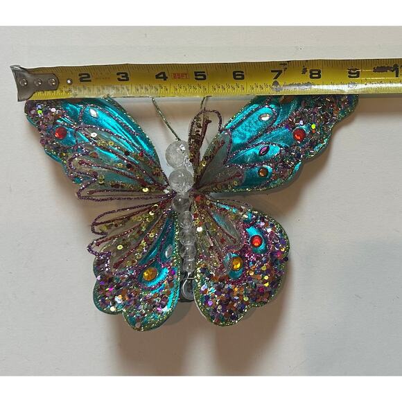 9” Aqua Butterfly Clip Ornament Glittered & Jeweled Blue, Pink, Vintage - Picture 3 of 4